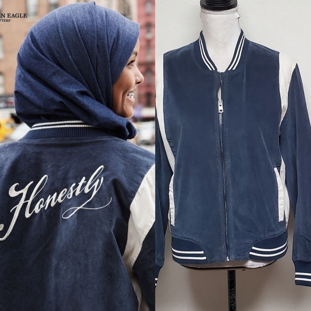 American Eagle Outfitters Honestly Navy Blue Velvet Ribbed Striped Bomber Jacket